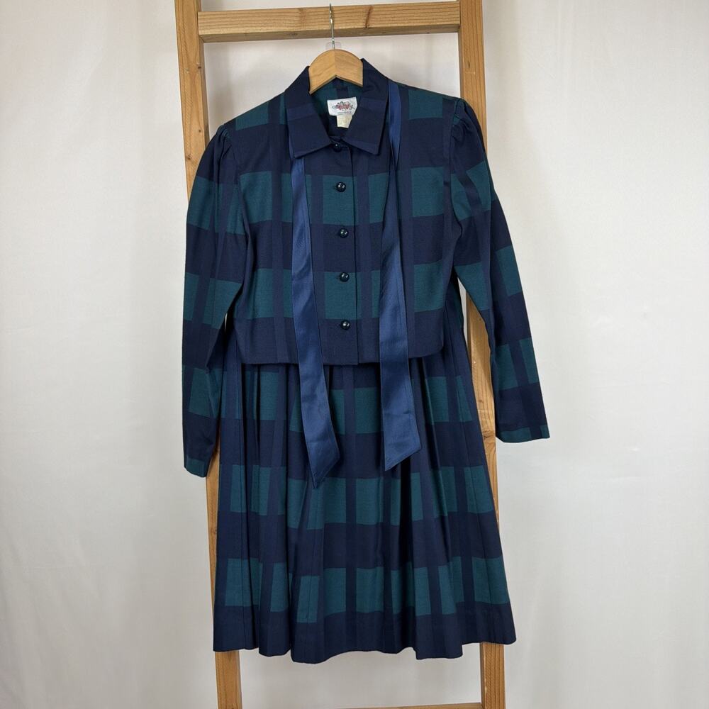 Vintage Lanz Made USA Green Navy Plaid Button Front Pleated Skirt Size 10